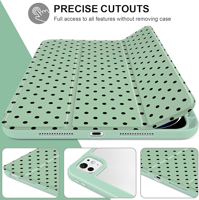 Case for iPad Pro 11 Inch (M5 2025 M4 2024) – [Built-in Pencil Holder] Shockproof &amp Stylish Clear Hard Back + Soft TPU Edge Magnetic Trifold Stand Auto Wake/Sleep Green Polka dot