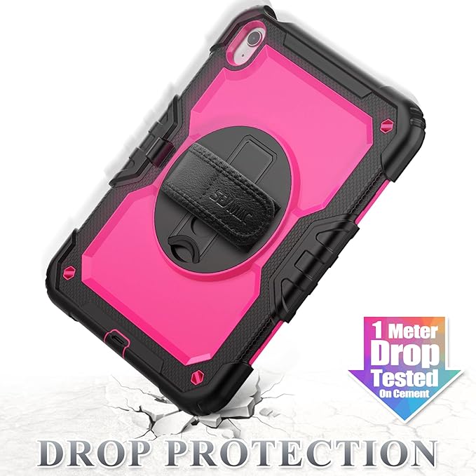 SEYMAC stock Case for iPad (A16) 11th/10th Generation 11''/10.9'' 2025/2022 Full-Body Drop Protection Case with Screen Protector &amp360° Rotate Hand Strap/Stand Pink+Black