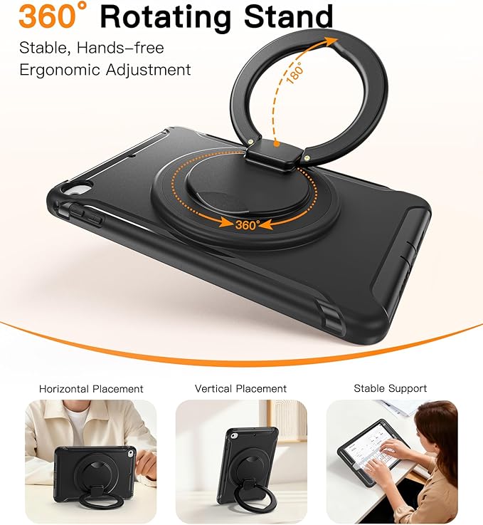 BATYUE Shockproof Case for iPad mini 4/5 (2015/2019) - 360° Multi-Angle Stand (Portrait &amp Landscape) &amp Grip Pencil Holder (Elastic Loop) Multi-Scene for All Ages Black