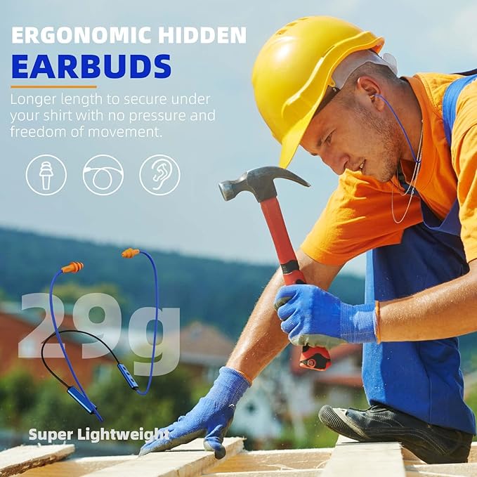 Ear Plugs Bluetooth Headphones for Work Neckband Wireless Earbuds Noise Reduction in-Ear Earphones with Mic and Controls Waterproof Earbuds with 20 Hours Battery for Industrial Safety