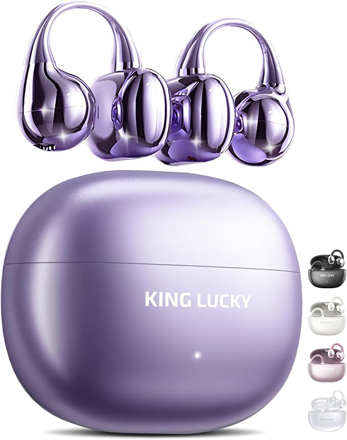 King Lucky Clip-On Earbuds Gen 3 Open-Ear Wireless Bluetooth 6.0 Headphones with Mic Secure Fit for Small Ears &amp Glasses Wearers 50H Playtime ENC IPX5 Waterproof Sport Ear Buds (Purple)