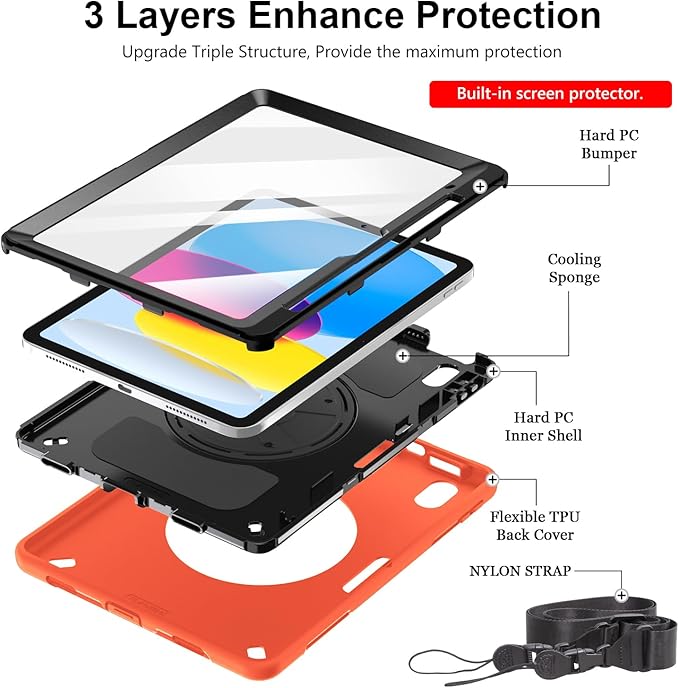 Case for iPad (A16) 11th/10th Generation Case: Protective Cover for iPad 11th Gen 11 Inch 2025 &amp10th Gen 10.9 2022 with Screen Protector- Stand- Shoulder Strap- Handle- Pencil Holder-Orange