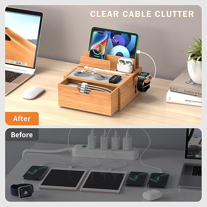 Pezin &amp Hulin Bamboo Charging Station for Multi Device with Power Charger &amp Cables Nightstand Docking Station with Lined Tray &amp Drawer Compatible with Tablet Cell Phones