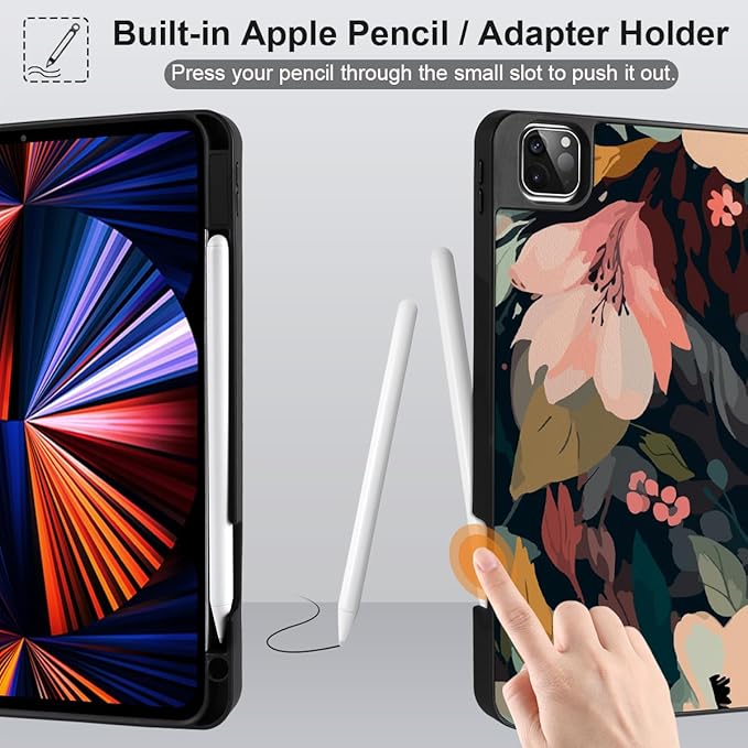 DONGKE Case for 2022/2021/2020/2018 iPad Pro 11 inch Gen 4/3/2/1 - Slim Protective Case - Built in Pencil Holder Support Charging - Trifold Stand &amp Sleep/Wake Cover - Painted Florals