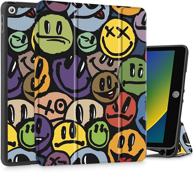 Mektron Designed Printed iPad 10.2 Case 9th Gen (2021)/ 8th Gen (2020)/ 7th Gen (2019) with Pencil Holder Slim Protective Case with Soft TPU Back Auto Wake/Sleep for iPad 10.2 Inch Smiling Face