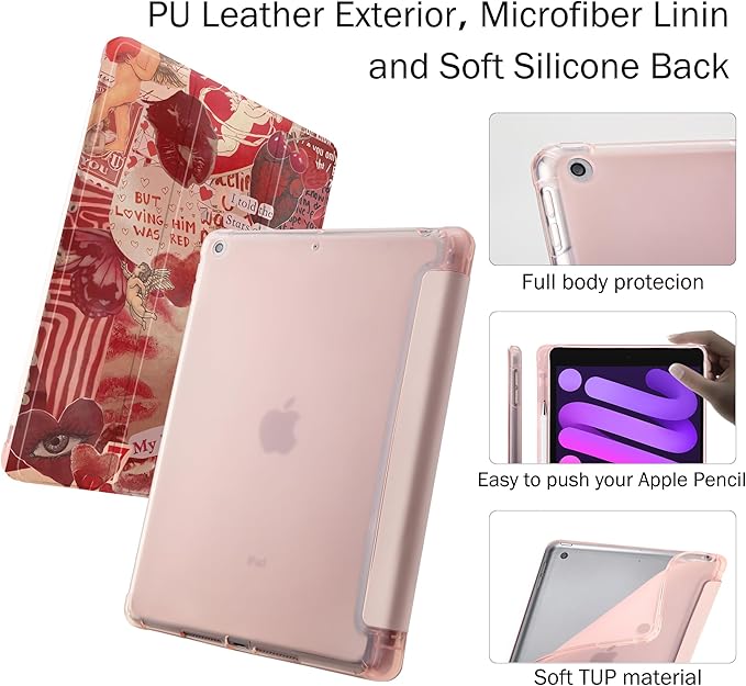 Idocolors Case for iPad 11 inch (A16 Chip) 2025 Generation 11th / iPad 10.9 inch 2022 10th Gen Built-in Pencil Holder with Soft TPU Shockproof Back Shell Auto Wake/Sleep Love