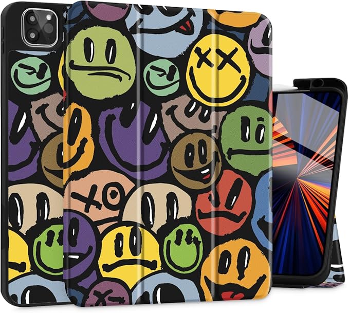 Mektron Case for M5/ M4 iPad Pro 11 inch 2025/2024 with Pencil Holder Compatible Models: A3357/A3358/A3359/A2836/A2837/A3006 Tablet Cover with Soft TPU Back Cover Smiling Face