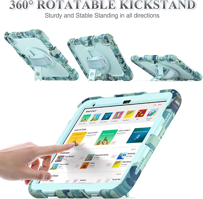 SEYMAC stock Case for iPad (A16) 11th/10th Generation 11''/10.9'' 2025/2022 Full-Body Drop Protection Case with Screen Protector &amp360° Rotate Hand Strap/Stand SkyBlue Camo
