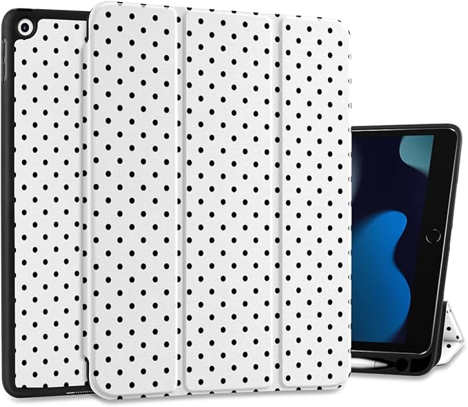 MEEgoodo Case for iPad 10.2 inch Case for iPad 9th Generation 2021/8th Generation 2020/7th Gen 2019 Tablet Cover with Trifold Stand+Pencil Holder+Auto Wake/Sleep+Soft TPU Back CoverBlack Polka Dot
