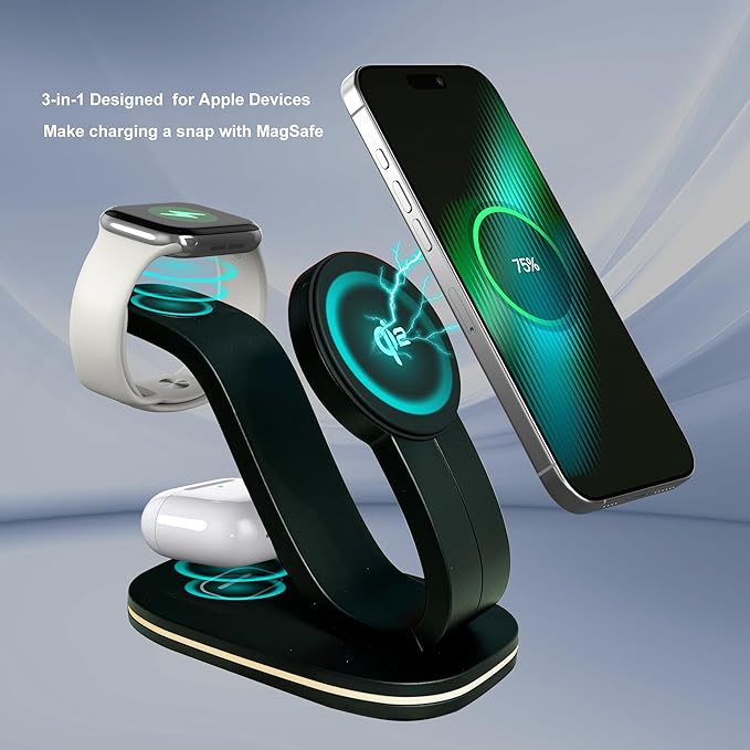 Wireless Charging Station Qi2 15W 3-in-1 Charger Station for iPhone 17/16/15/14/13/12 Series Watch Airpods 1-8/Ultra iPad AirPods