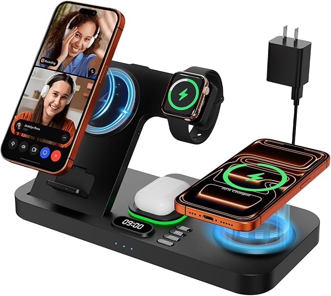 Dual Phone Magnetic Wireless Charging Station for Apple Devices/Apple Ecosystemwith Auto-Switch 7-Color Light &amp Clock Compatible with iPhone 17/16/15 for iWatch 11/10/9 &amp AirPods Pro3（Black