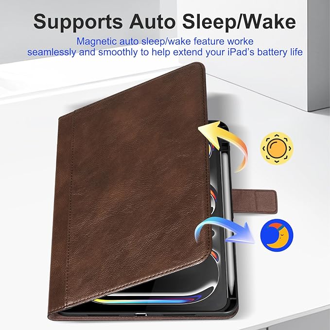 Genuine Leather Case for iPad mini 7th/6th Gen 8.3 inch Premium Folio Cover with Apple Pencil Holder Auto Wake/Sleep Adjustable Stand &amp Magnetic Closure Dark Brown