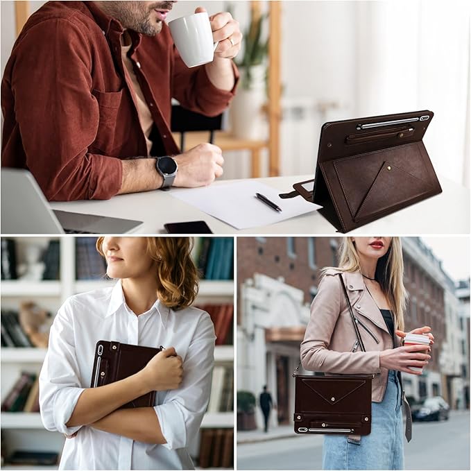 Tablet Carrying Shoulder Bag Case for Samsung Galaxy Tab S10+ Plus/ S9 FE+ Plus 5G/ S9+ 12.4 PU Leather Hand Strap Crossbody Shoulder Strap Cards Holder Pocket S Pen Holder Stand CaseDark Coffee