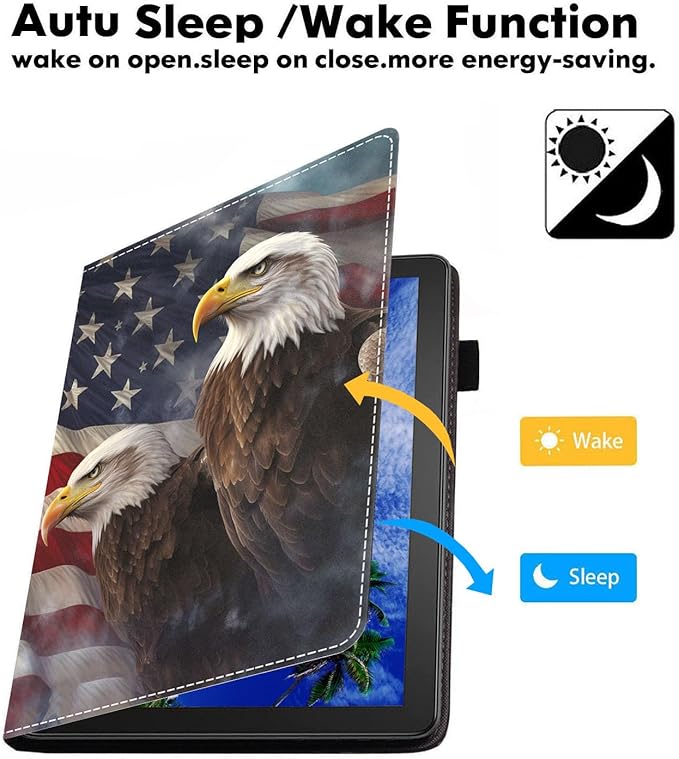 Case for Amazon Kindle Fire 7 Tablet (7 9th/7th Generation 2019/2017 Release) Slim PU Leather Cover with Card Slot &amp Auto Wake/Sleep Patriotic American Flag Bald Eagle