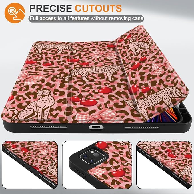 DONGKE Case for 2022/2021/2020/2018 iPad Pro 11 inch Gen 4/3/2/1 - Slim Protective Case - Built in Pencil Holder Support Charging - Trifold Stand &amp Sleep/Wake Cover- Cheetah Bow