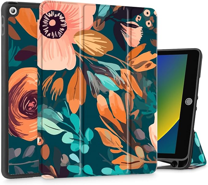 Mektron Designed Printed iPad 10.2 Case 9th Gen (2021)/ 8th Gen (2020)/ 7th Gen (2019) with Pencil Holder Slim Stand Protective Case with Soft TPU Back for iPad 10.2 Inch Abstract Florals