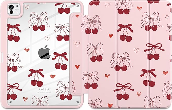 TWOLSKOO Case for iPad Pro 11-inch (M5 2025 / M4 2024) Clear Acrylic Back with TPU Bumper Pencil Holder Trifold Stand Auto Sleep/Wake Bows &amp Hearts