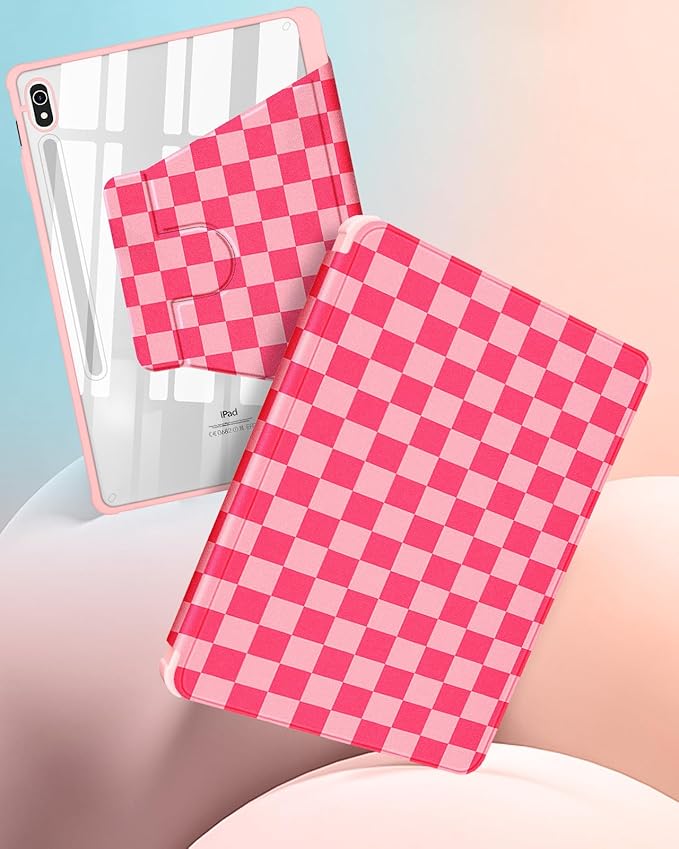 for Samsung Galaxy Tab S10 Fe Case - Tab S9 Fe/S9 Case with Pencil Holder Women Girls Cute Girly Pretty Pink Checkered Unique Aesthetic Design Teens Rotating Tablet Cases Cover