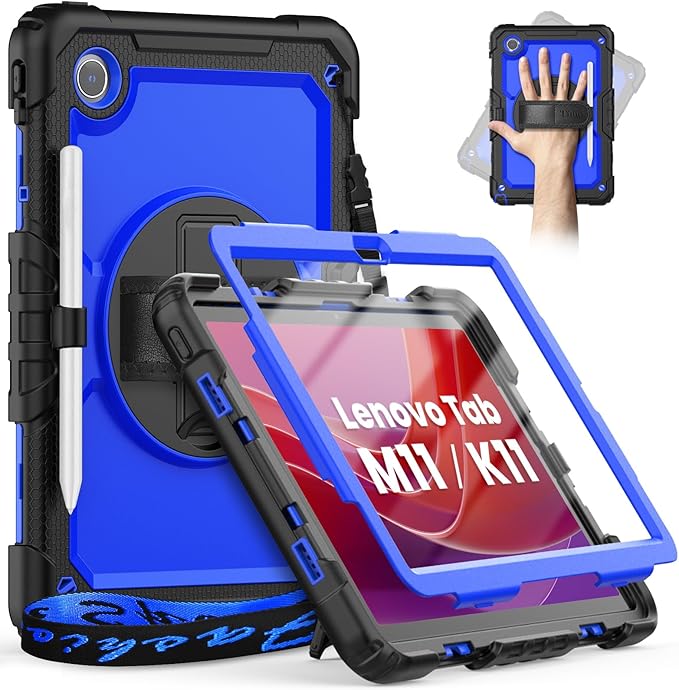 timecity Case for Lenovo Tab M11 (TB330FU/TB330XU) 11 Inch Tablet Case with Pen Holder/Stylus Holder/Screen Protector/360° Hand Strap for Tab K11 LTE 2024/ Lenovo Xiaoxin Pad 2024 (TB331FC)- Blue