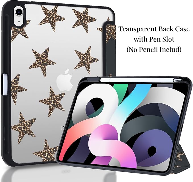 Y2k Printed Case for 12.9 iPad Pro 6th/5th/4th/3rd Gen (2022/2021/2020/2018) Leopard Print Star Clear Hard Back Hybrid Casewith Pencil Holder Trifold Stand Slim Cover for Women