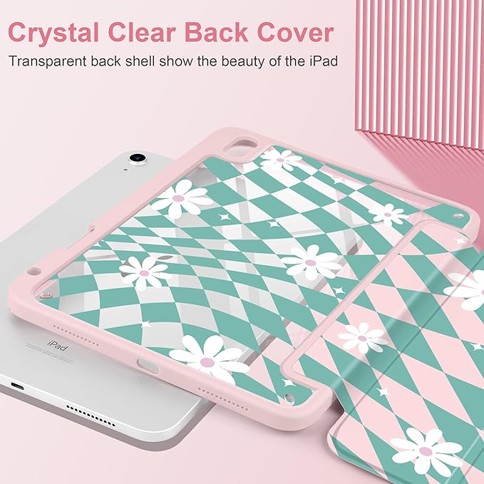 DONGKE Case for iPad (A16) 11th Generation 11 inch 2025 &amp iPad 10th Gen 10.9 inch 2022 [Built-in Pencil Holder] Clear Acrylic Back Trifold Stand Smart Cover Auto Sleep/Wake Checkered &amp Dais
