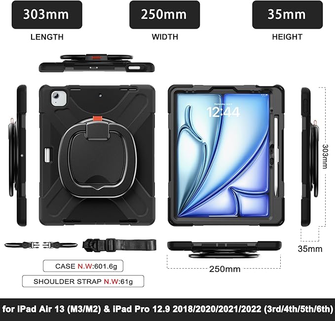 MEEgoodo Case for iPad Air 13 inch 2025 (M3) /2024 (M2) &amp iPad Pro 12.9 Case 6th/5th/4th/3rd Generation 2022 2021 2020 2018 Tablet Cover with Pencil Holder/Rotating Stand/Shoulder Strap Black