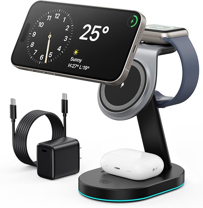 3 in 1 Wireless Charger Charging Station for iPhoneQi2 Certified 15W Magnetic Charging Stand for Mag-Safe with 30W USB C Adapter&ampFriendly Night Light for iPhone 17/16/15/14/13/12Apple WatchAirP