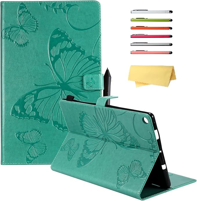 Kindle Fire HD 10 Tablet 2019/2017 Case 9th/7th Generation 10.1 with Pencil Holder Pockets [Auto Sleep/Wake] Folio Stand Embossed PU Leather Magnetic Smart Wallet Cover Green Butterfly