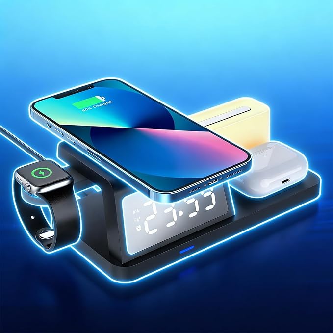 3-in-1 Wireless Charging Station with Digital Clock &amp Night Light 15W Fast Qi-Certified Charger for Phones Smartwatches &amp Earbuds | Charges 3 Devices Simultaneously HT309 Black.