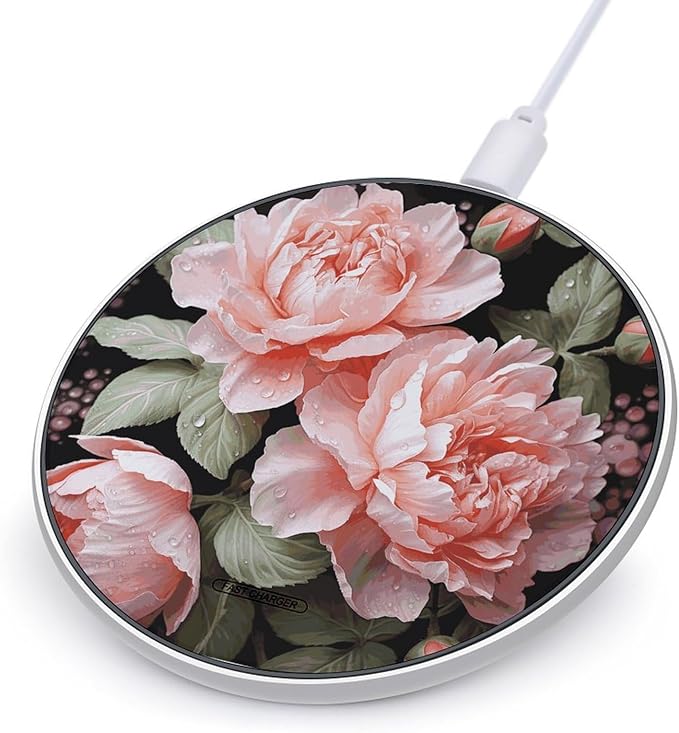 Peony Flowers Rose Wireless Charger Fast Wireless Charging Pad with USB Cable 10W Anti-Slip Magnetic Wireless Charger Portable Slim Charger Puck Travel Charging Station