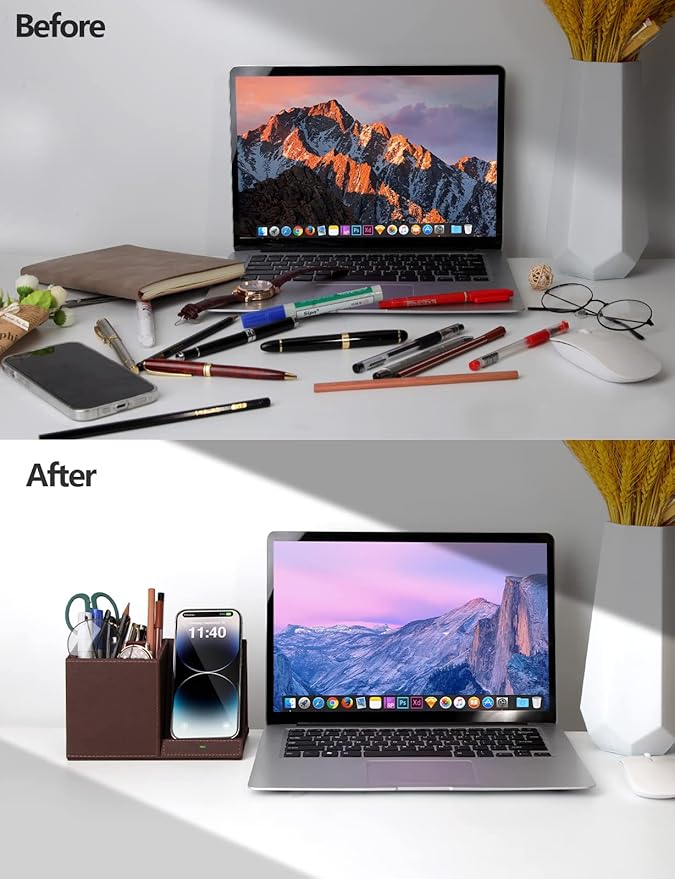 Pen Holder with Wireless Charger Compatible with iPhone 17/16/15/14/13/12/11/8 Series Pencil Holder Phone Stand for Desk Home Office Men Gift Husband Wife Anniversary Dad Birthday Idea Gadget