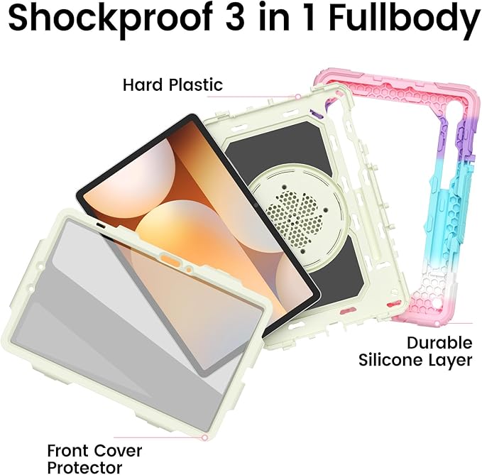 HXCASEAC Case for Galaxy Tab S10 lite / S10 FE / S9 FE 10.9 Inch Shockproof | 360° Rotating Stand | S Pen Holder | Screen Protector | Shoulder Strap | Samaung S10 Lite Tablet Case Kids Rainbow Pink
