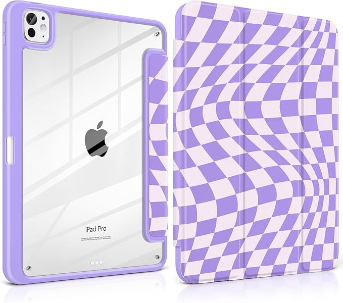 TWOLSKOO Case for iPad Pro 11-inch (M5 2025 / M4 2024) Clear Acrylic Back with TPU Bumper Pencil Holder Trifold Stand Auto Sleep/Wake Purple Wavy Checker