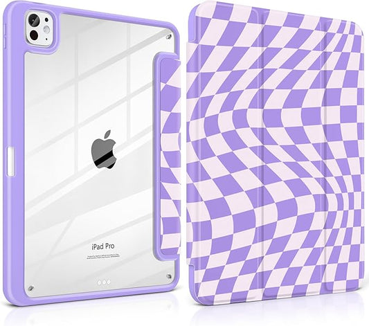 TWOLSKOO Case for iPad Pro 11-inch (M5 2025 / M4 2024) Clear Acrylic Back with TPU Bumper Pencil Holder Trifold Stand Auto Sleep/Wake Purple Wavy Checker