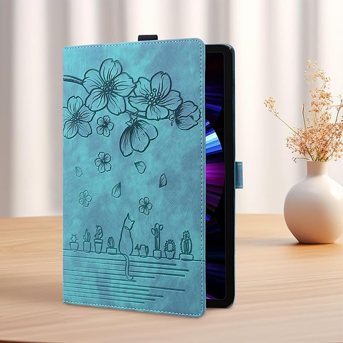 Case for Samsung Galaxy Tab S10 FE+/S10 FE Plus 13.1 Inch 2025 (SM-X620/SM-X626B) with Pencil Holder/Pockets Folio Stand Embossed Cherry Blossom PU Leather Magnetic Wallet Cover Green Cat