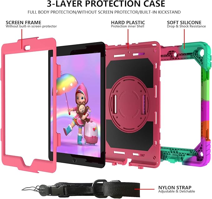 for iPad 9th/8th/7th Generation CaseiPad 10.2 Case 2021/2020/2019 with Cute Key Chain Rugged Protective Case with 360°Rotating Stand &amp Shoulder Hand Strap &amp Pen Slot for 10.2 Inch (Rainbow