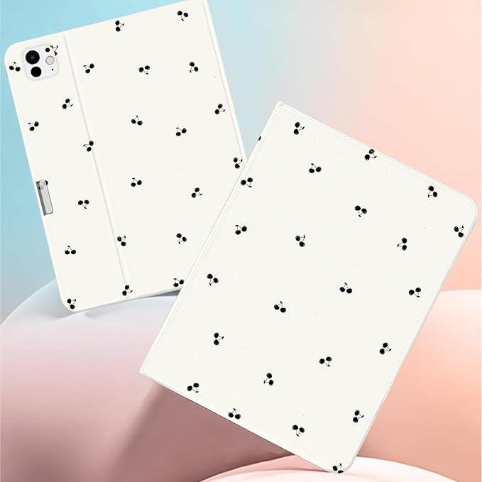 Cute Case for 11 iPad Pro(M4) 2024 5th GenCherry Textured Folio Case with Pencil Holder Multi-Angle View Adjustable Stand Auto Wake/Sleep for Women