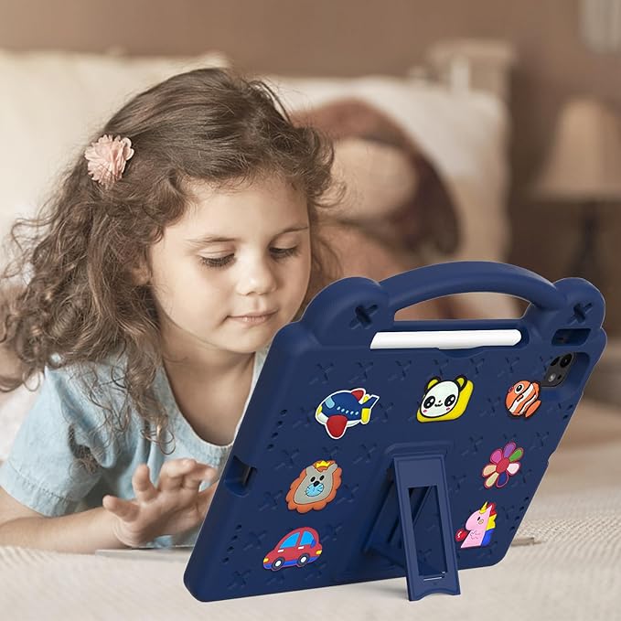 Dteck iPad Air 13/Pro 13 2024 M4/Pro 12.9 6th/5th/4th/3rd Gen Case - Cartoon Panda Shockproof Rugged Lightweight Convertible Stand With Handles Kids Friendly Navy Blue