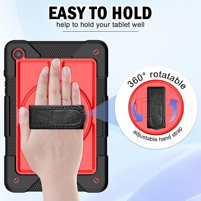 BMOUO for Samsung Galaxy Tab A9+ Plus Case 11 2023 (SM-X210/X216/X218) Shockproof Galaxy Tab A9 Plus Case with Rotating Stand and Hand/Shoulder Strap Red and Black