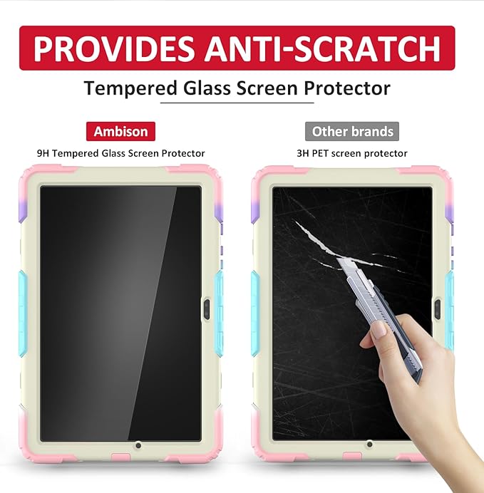 Ambison Case for Samsung Galaxy Tab A9+ Plus 11'' 2023 [Kids Proof] Full Body Protective Case with 9H Tempered Glass Screen Protector 360° Rotatable Kickstand &amp Hand Strap (Light Pink)