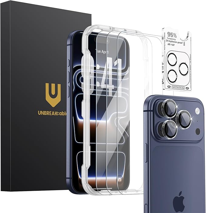 UNBREAKcable iPhone 17 Pro Max Screen Protector 3-Pack with Camera Protection | 9H Hardness | HD Clarity | Anti-Fingerprint | Case Friendly | 6.9 Inch | 3 Tempered Glass + 3 Camera Lens Protectors