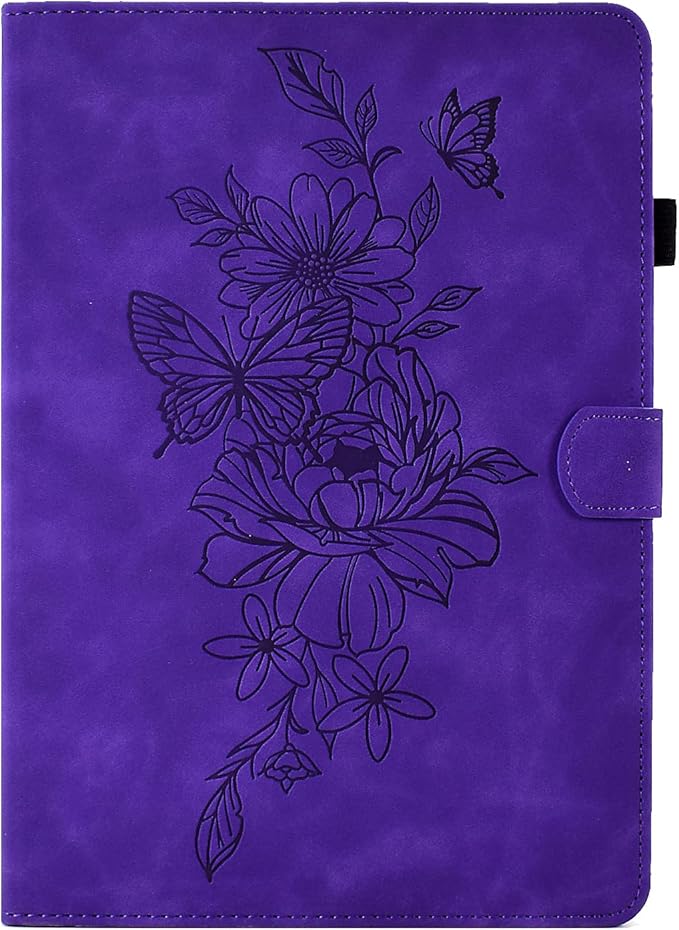 Folio Case for Amazon Kindle Fire HD 8/Fire HD 8 Plus (12th/10th Generation 2024/2022/2020) 8 with Stand/Pencil Holder [Auto Sleep/Wake] Embossed PU Leather Smart Cover Purple Butterfly Flower