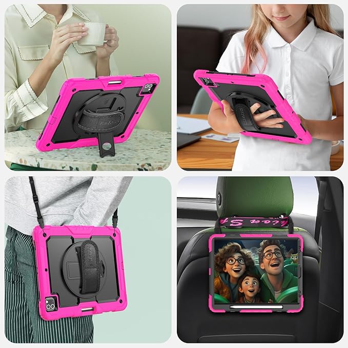 SEYMAC Kids Case for iPad Pro 12.9 2022/2021/ 2020/2018 Heavy Duty Protection Shockproof Case with Screen Protector 360° Rotating Stand/Handle/Shoulder Strap Supports Pencil 2 Charging Pink