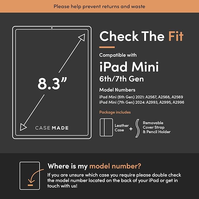 Casemade Real Leather Case Compatible with iPad mini 7 (A17 Pro) / 6th Gen (2021) - Full-Grain Leather Cover Auto Sleep/Wake Dual Stand Position (Tan)