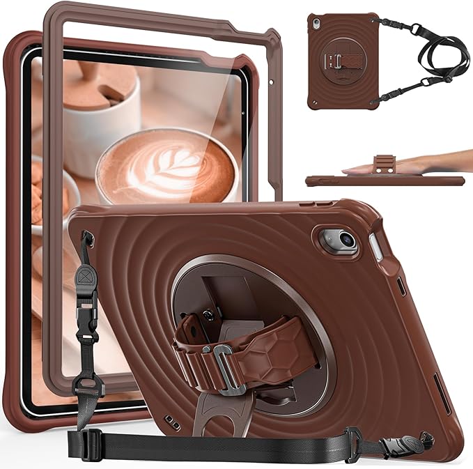 Case for iPad A16 11-inch (2025) &amp iPad 10th Gen 10.9-inch (2022) HD Screen Protector Strong Military-Grade Full-Body Shockproof Protection 360° Rotating Handle Strap &amp Shoulder Strap Choc