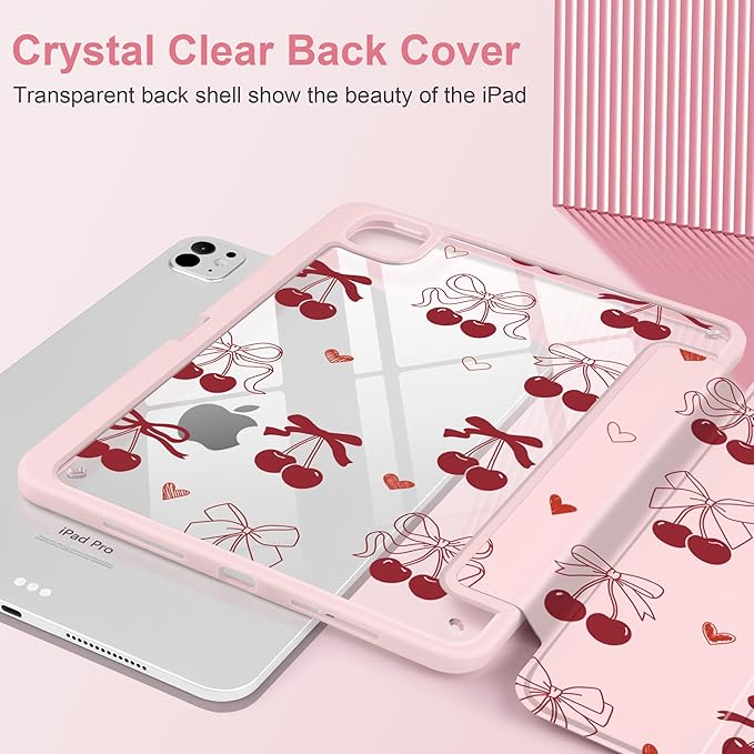 TWOLSKOO Case for iPad Pro 11-inch (M5 2025 / M4 2024) Clear Acrylic Back with TPU Bumper Pencil Holder Trifold Stand Auto Sleep/Wake Bows &amp Hearts