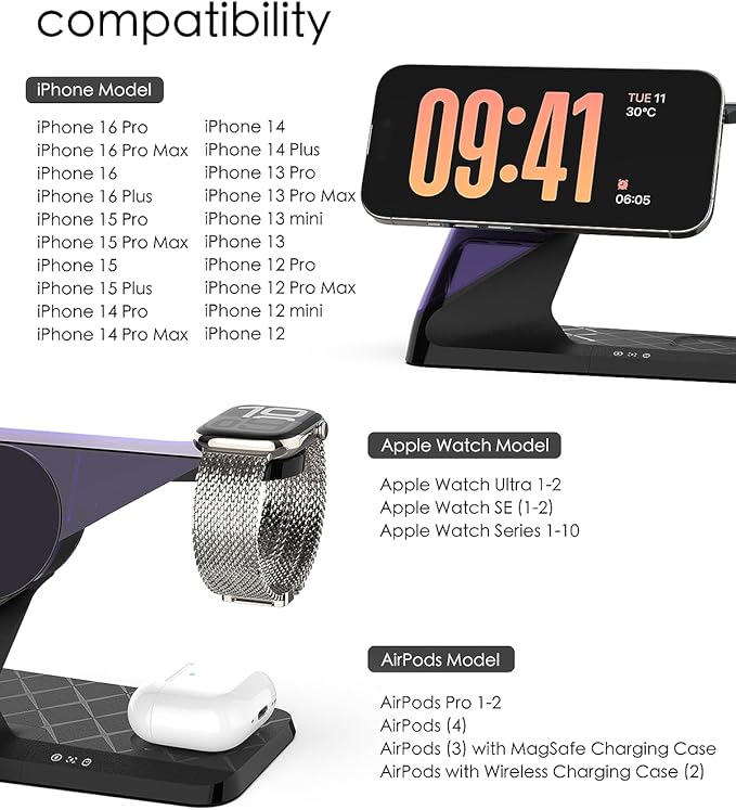 3 in 1 Charging Station for Apple Devices Mag-Safe Charger Stand Wireless Charger for iPhone 16/15/14/13/12 Series&amp AirPods&amp iWatch Adapter Not Included