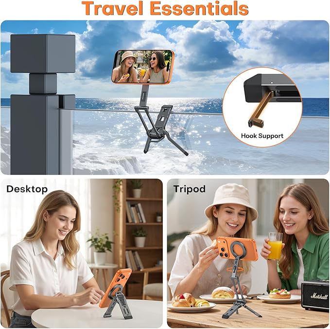 OMOTON TP06 [Equipped Lanyard] for MagSafe Tripod Hook with Magnet Back &amp Arca-Swiss Base 360°Rotating with 1/4 Screw Magnetic Phone Tripod for iPhone 17/16 Pro Max Air Fits Vlog Travel Gym