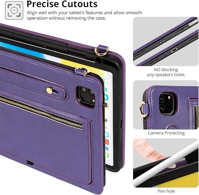 Dteck Case for iPad Air 13 inch M2 2024/iPad Pro 12.9 Case 6th/5th/4th/3rd Generation 2022/2021/2020/2018Premium PU Leather Shockproof Protective Case Zipper Pocket Strap Soft TPU Back CoverPurple
