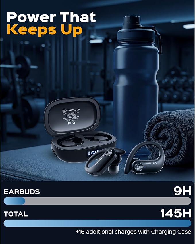 TREBLAB X3 Pro - Sports Wireless Ear Buds Bluetooth - Comfortable Workout Headphones with Secure Ear Hooks 9H Long Battery Life IPX5 Sweatproof Earphones Noise Isolation Over Ear Earbuds
